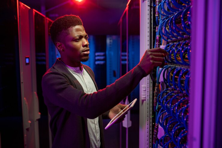 concentrated young black man using tablet while examining datacenter equipment dark server room 274679 19982